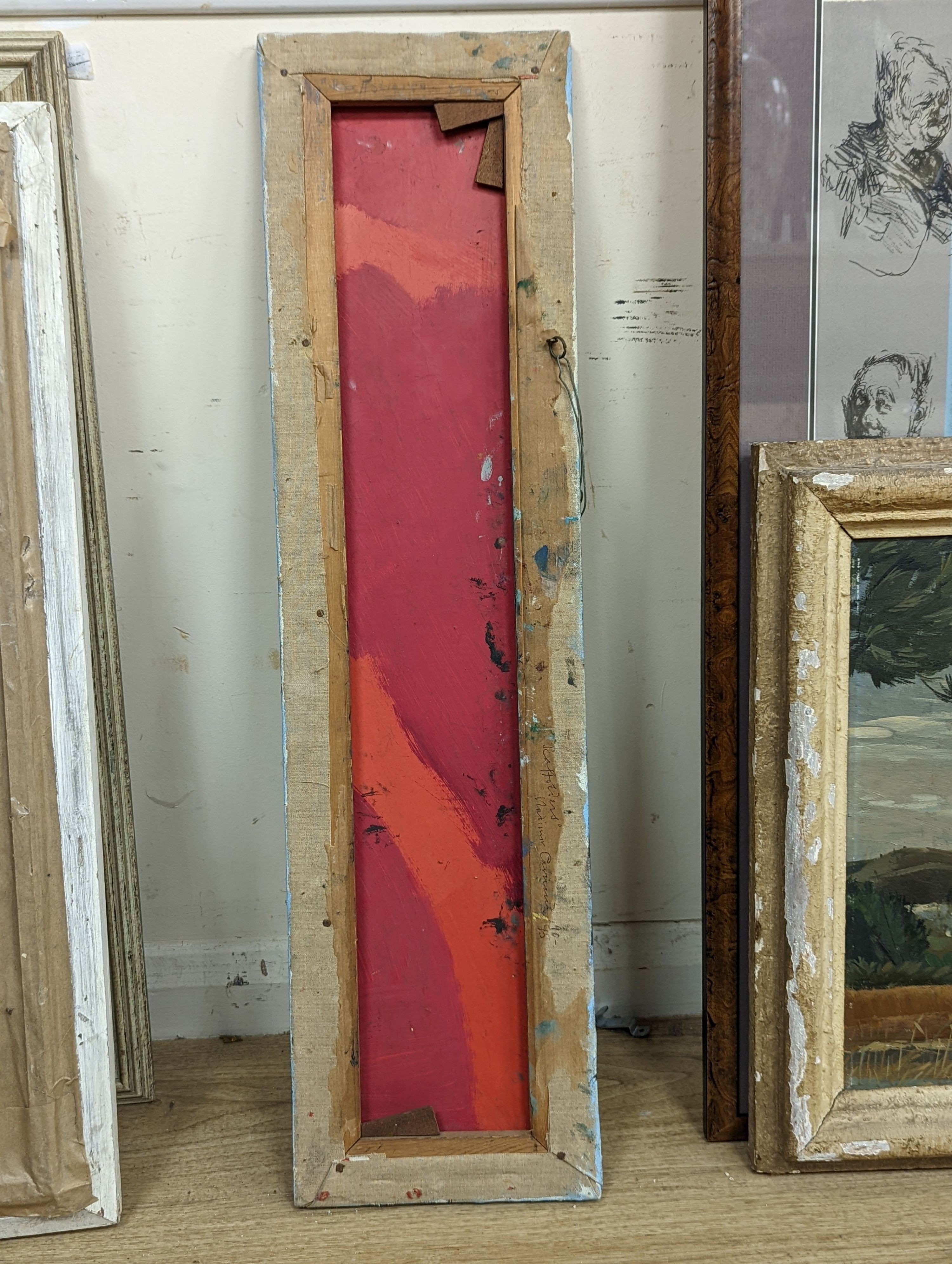 Vladimir Caruana, oil on canvas, 'Scaffolders', inscribed verso, 76 x 20cm, unframed